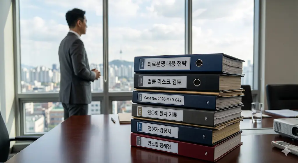 의료사고 의무기록지와 법률 리스크 검토 서류 바인더가 놓인 회의실에서 권리 구제를 위한 전략적 대응책을 수립하는 치밀한 분석 환경
