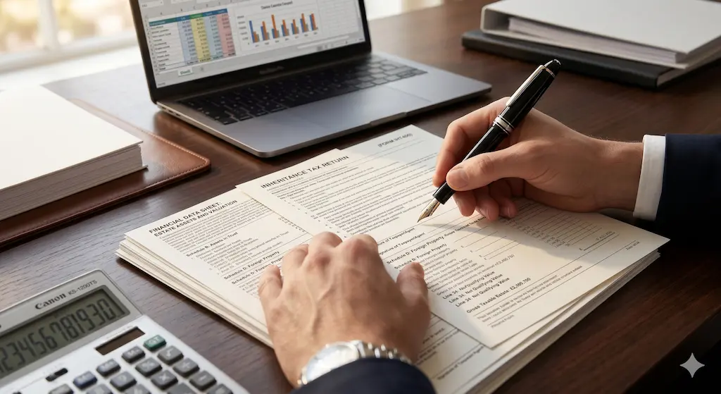 고급 만년필을 들고 상속세 및 증여세 신고서와 금융 데이터 시트를 꼼꼼히 분석하여 정밀한 절세 시나리오를 도출하는 전문가의 손