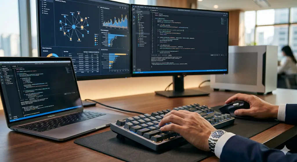 듀얼 모니터에 띄워진 복잡한 데이터 분석 차트와 코드를 검토하며 구조적 사고로 시스템을 최적화하는 전문가의 작업 공간
